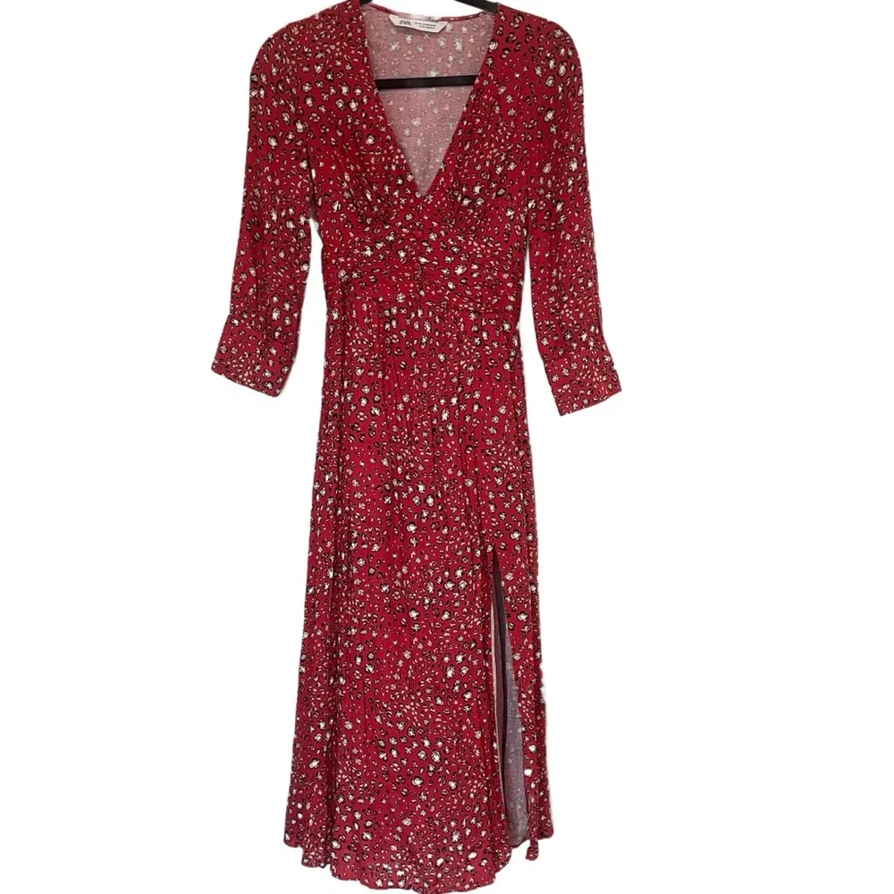 Zara Red Midi Dress With Side Slit - Picture 2 of 6